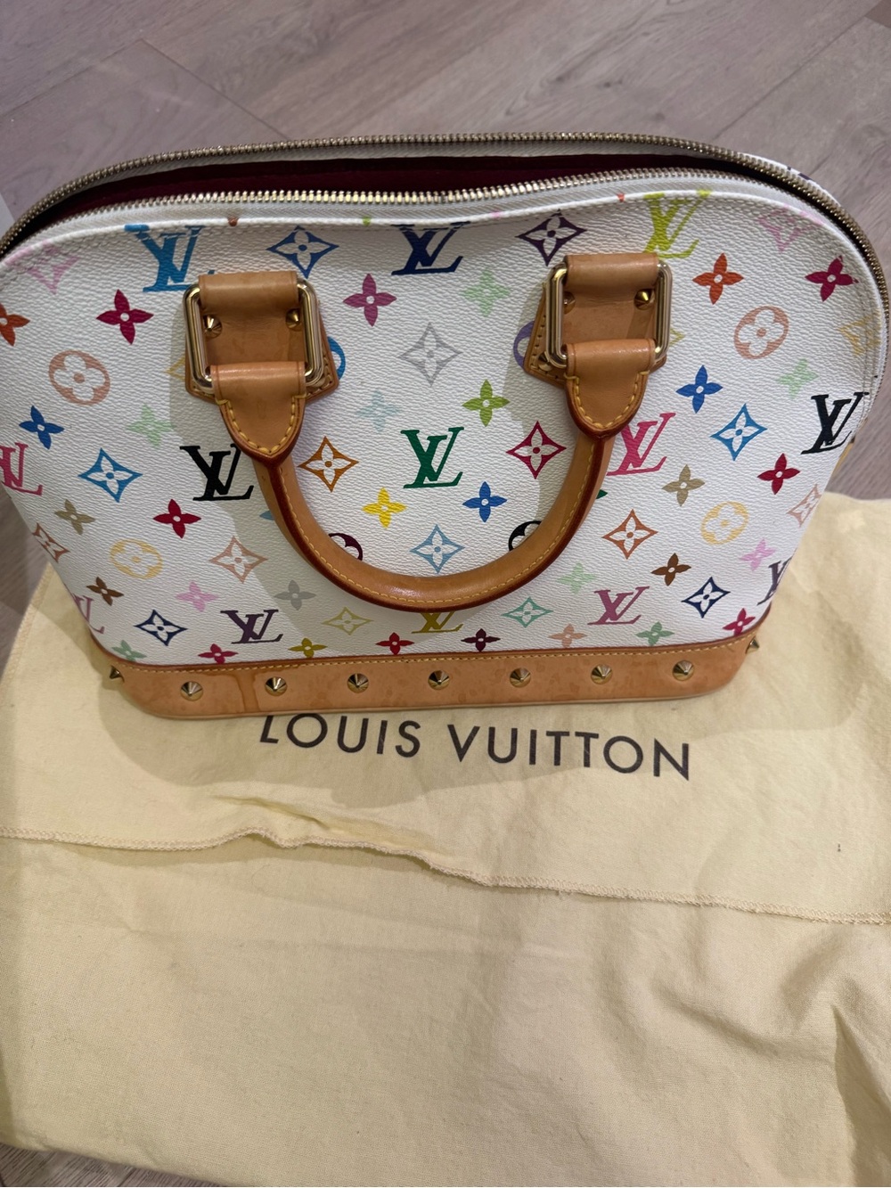 Louis Vuitton White Monogram Multicolour Alma Satchel with Tan Trim